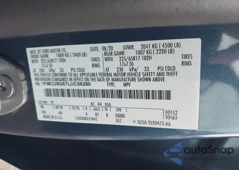 2020 Ford Escape Se from USA, damaged, VIN 1FMCU9G67LUC06280